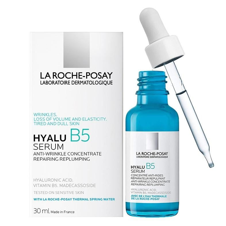 Chai serum phục hồi da La Roche-Posay Hyalu B5 màu xanh dương với ống nhỏ giọt và hộp đựng