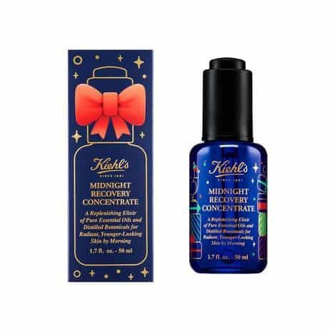 Chai serum dưỡng da ban đêm Kiehl's Midnight Recovery Concentrate màu xanh đậm và hộp phiên bản giới hạn