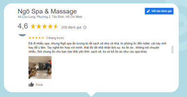Đánh giá tích cực về Ngõ Spa &amp; Massage, nhấn mạnh sự chuyên nghiệp của nhân viên.