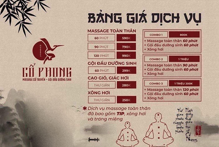 Bảng giá các dịch vụ massage và trị liệu tại Massage Cổ Phong Quận 3