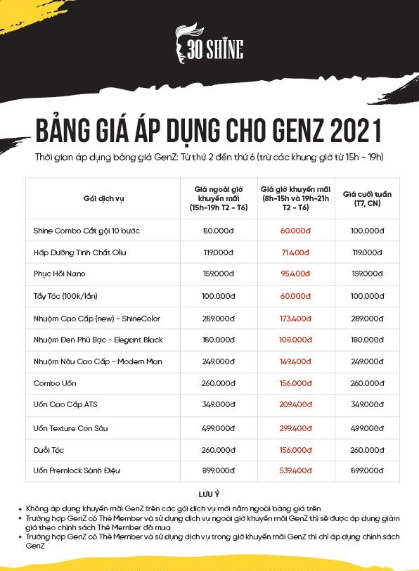 Bảng giá dịch vụ chăm sóc tóc và da mặt tại 30Shine bao gồm cắt tóc, gội đầu, nhuộm, uốn và các gói combo chi tiết