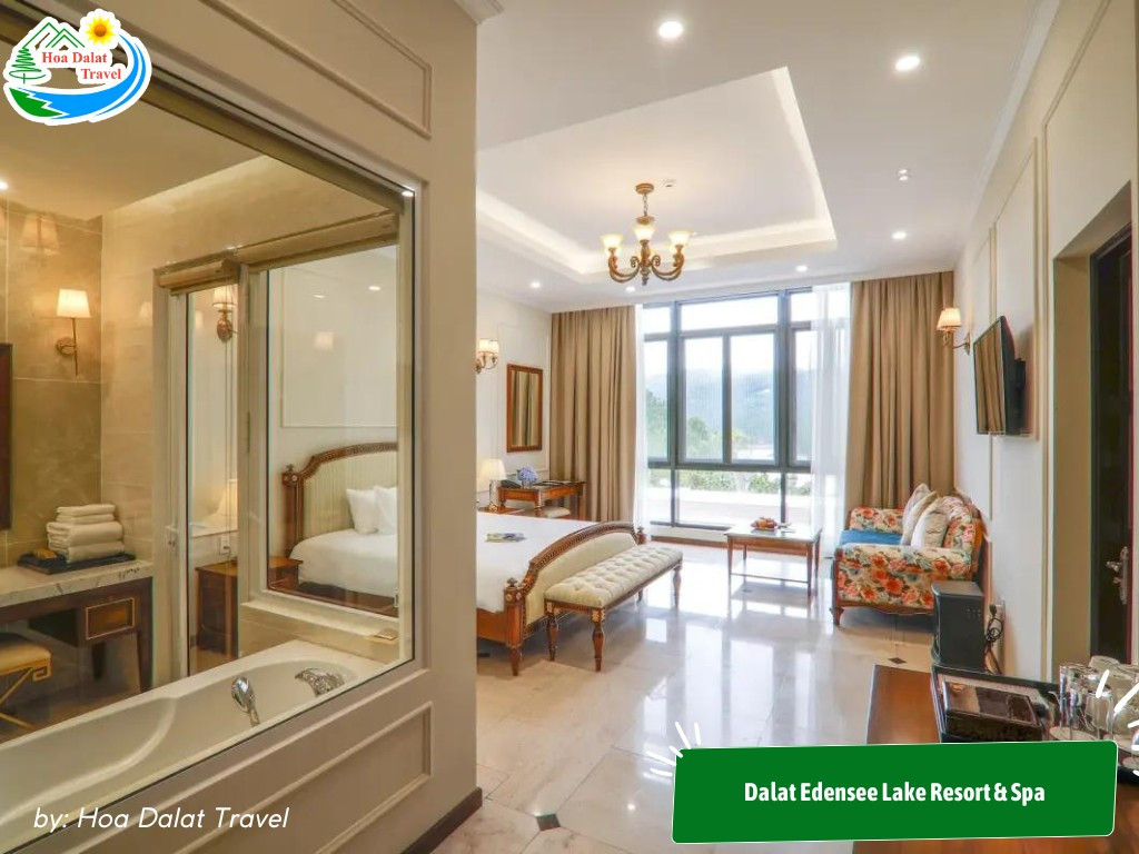 Phòng nghỉ tại Dalat Edensee Lake Resort &amp; Spa rộng rãi với ban công riêng, trang bị TV, phòng tắm, view tuyệt đẹp ra hồ