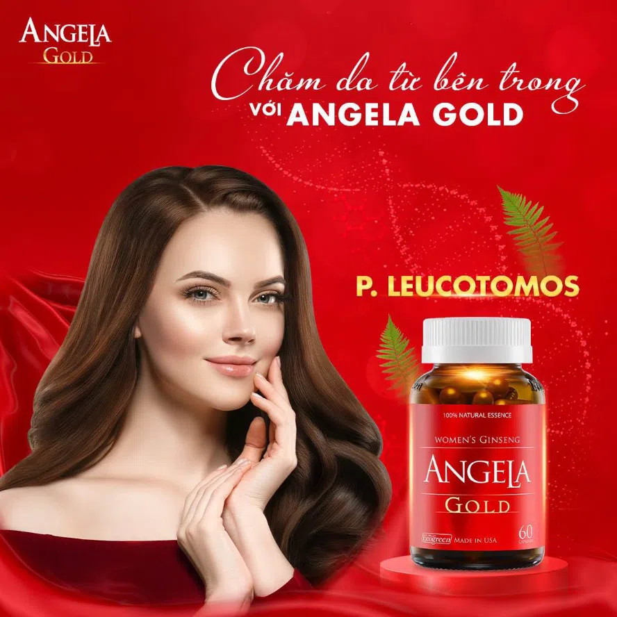 Sản phẩm Angela Gold được đặt cạnh một bông hoa, tượng trưng cho giải pháp hỗ trợ dưỡng da mặt chống lão hóa từ bên trong, giúp nuôi dưỡng làn da khỏe mạnh và rạng rỡ từ gốc.