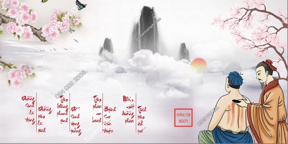 Tranh dán tường 3D spa với họa tiết hình học mềm mại và các yếu tố thiên nhiên, tạo không gian hiện đại và thư giãn.