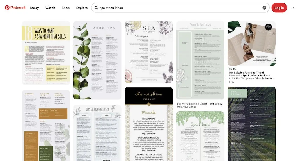 menu dịch vụ spa với các liệu trình chăm sóc da và thư giãn, minh họa ý tưởng thiết kế menu khi mở spa