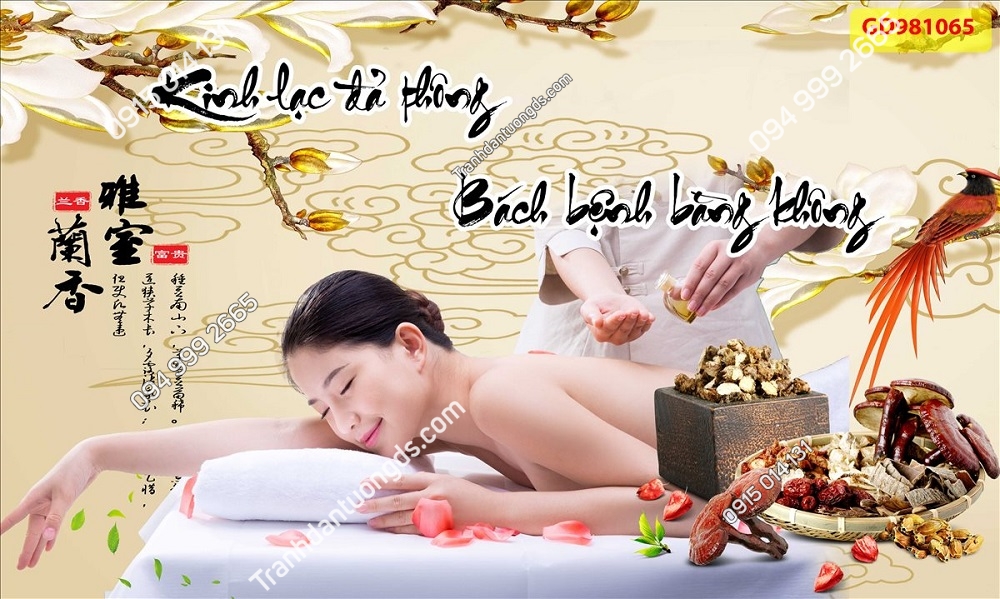 Tranh dán tường 3D chủ đề spa dưỡng sinh đông y, với hình ảnh thiền định và các yếu tố tự nhiên, tạo không gian bình yên và thư thái.