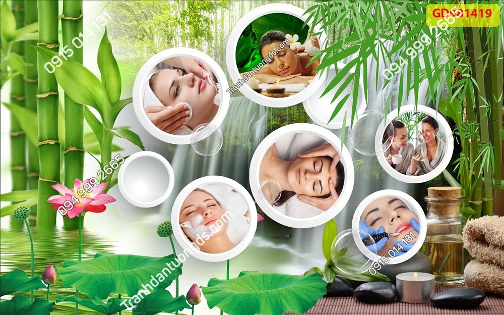 Tranh dán tường 3D spa với chủ đề hoa sen nở và hiệu ứng ánh sáng huyền ảo, mang lại vẻ đẹp tinh tế và quyến rũ cho không gian.