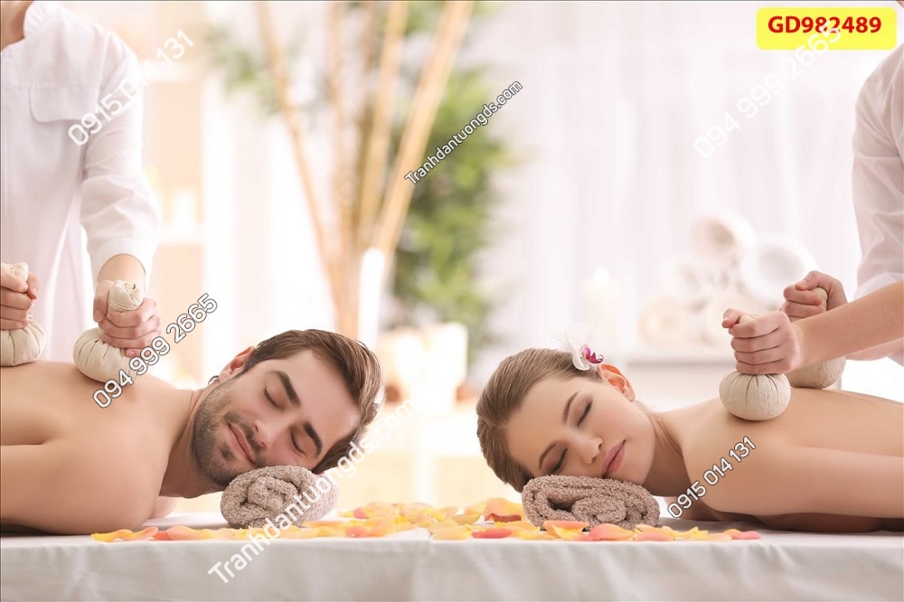 Tranh dán tường 3D spa với họa tiết rèm cửa mềm mại và cảnh quan thiên nhiên phía sau, tạo cảm giác sang trọng và mở rộng không gian.