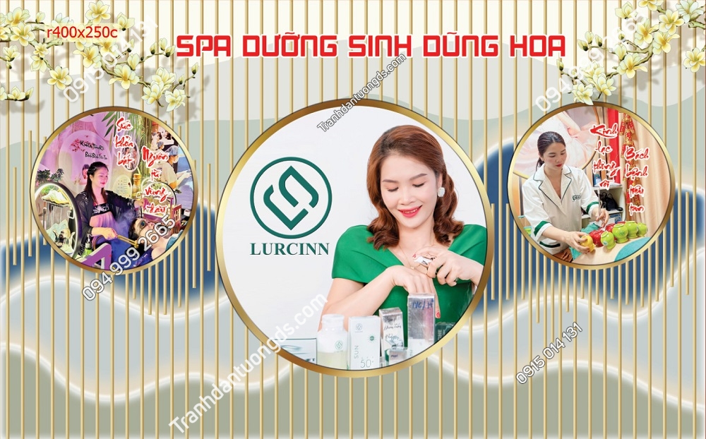 Bức tranh dán tường 3D spa dưỡng sinh có thể chèn ảnh và tên quán, tạo sự cá nhân hóa và nhận diện thương hiệu.