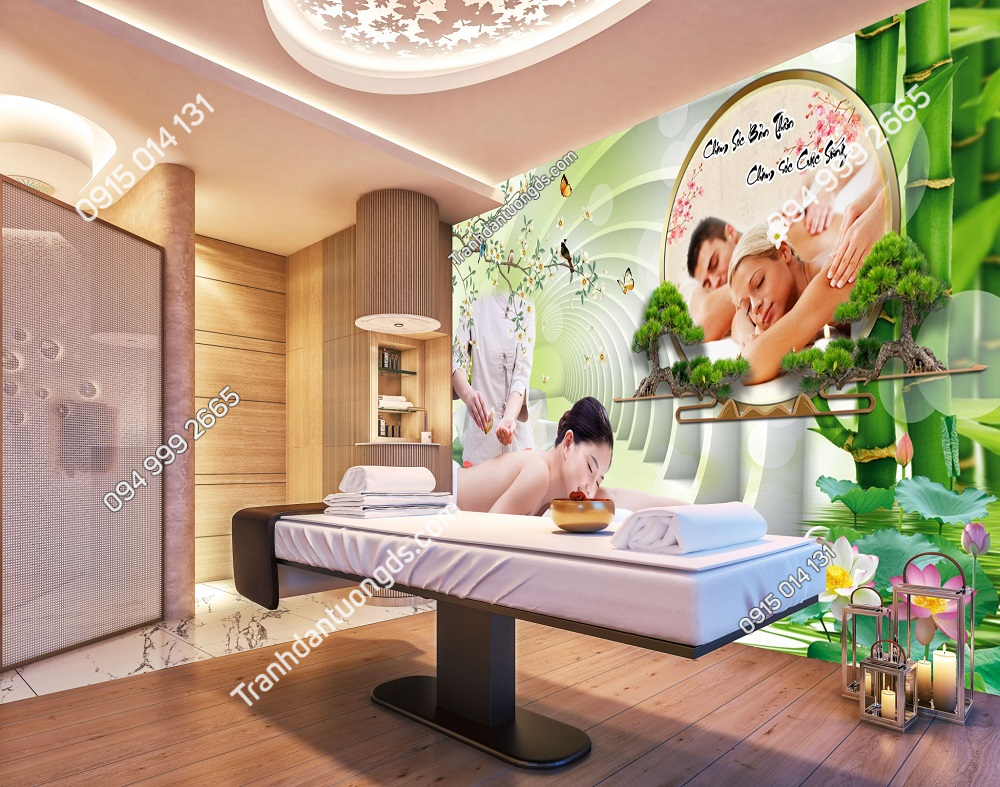 Phối cảnh không gian spa dưỡng sinh đông y với tranh dán tường 3D kết hợp lam sóng và cảnh hoa sen, tạo sự sang trọng và hiện đại.