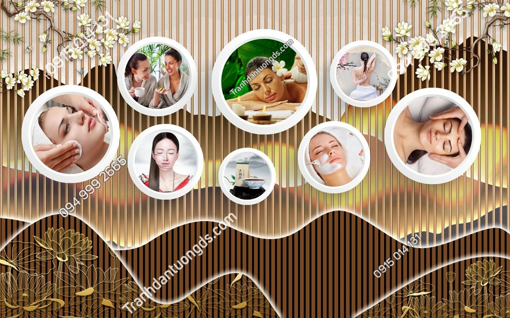 Tranh dán tường 3D spa dưỡng sinh đông y với họa tiết hoa sen và các yếu tố truyền thống, mang lại vẻ đẹp cổ điển và ấm cúng.