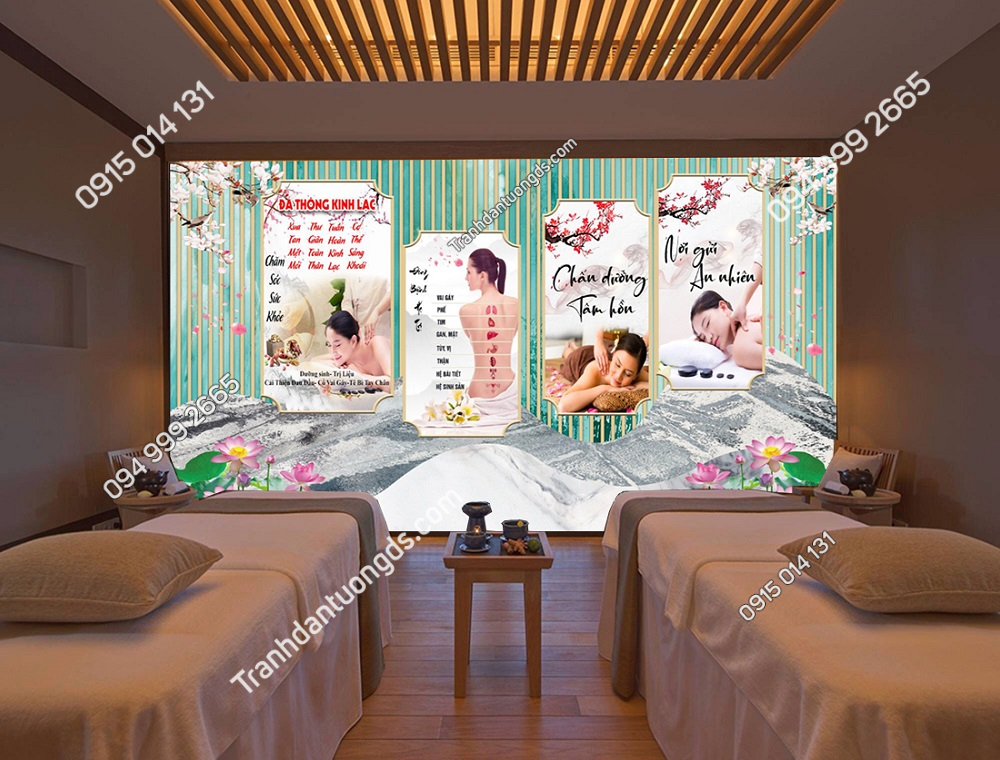 Thiết kế spa với tranh dán tường 3D phong cảnh thiên nhiên, hồ nước và sỏi đá, tạo không gian mở và gần gũi với tự nhiên.