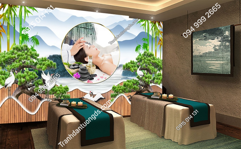 Phối cảnh một phòng spa được trang trí với tranh dán tường 3D cảnh hoa lá và suối nước, mang đến sự tươi mới và thư giãn cho khách hàng.