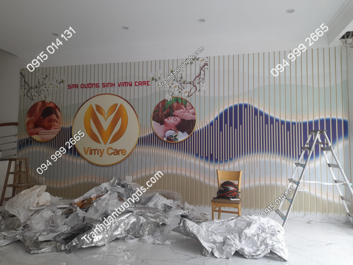 Một góc spa được trang trí bằng tranh dán tường 3D theo phong cách đông y, với hình ảnh hoa sen và các biểu tượng thiền định, tạo không gian tĩnh lặng.