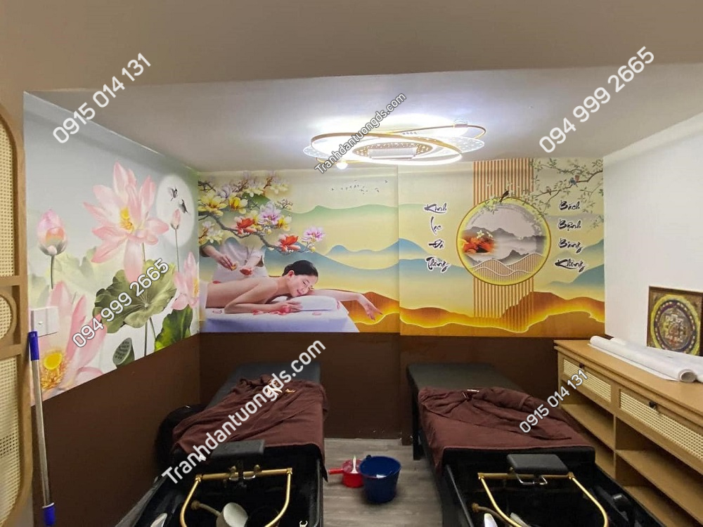 Một bức tranh dán tường 3D spa với hình ảnh lá cây xanh mướt và những viên đá cuội, tượng trưng cho sự thanh tịnh và hòa mình vào thiên nhiên.