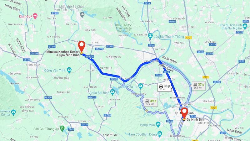 Bản đồ quãng đường từ Ga Ninh Bình - Minawa Kenhga Resort &amp; Spa Ninh Bình