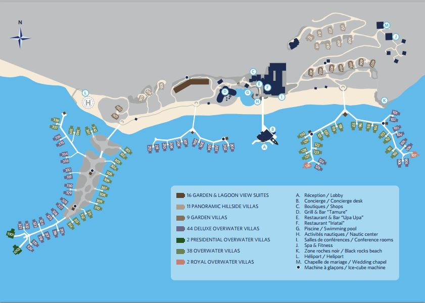Bản đồ tổng quan Hilton Bora Bora Nui Resort &amp; Spa, minh họa vị trí các loại biệt thự