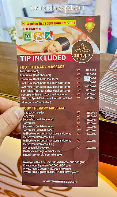 Bảng giá dịch vụ Zen Spa với các lựa chọn massage chân và toàn thân
