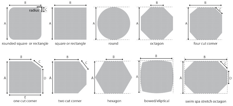 Biểu đồ các hình dạng bồn tắm nóng Cal Spa phổ biến và kích thước tương ứng