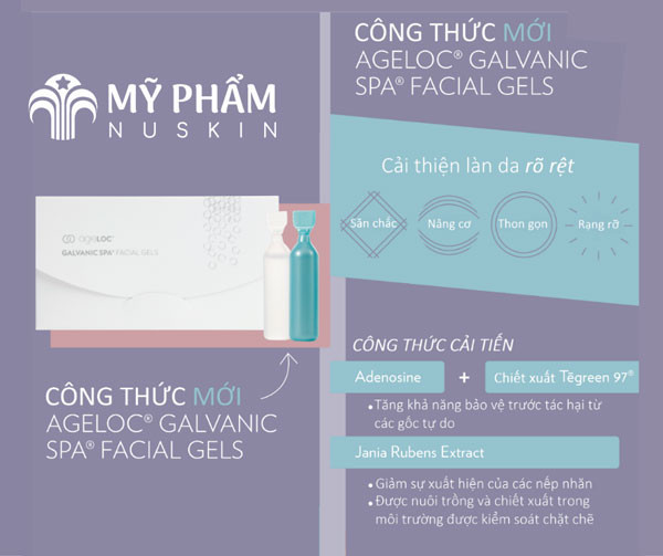 Các sản phẩm chăm sóc da của Nuskin được sắp xếp cùng với máy galvanic spa, thể hiện sự kết hợp