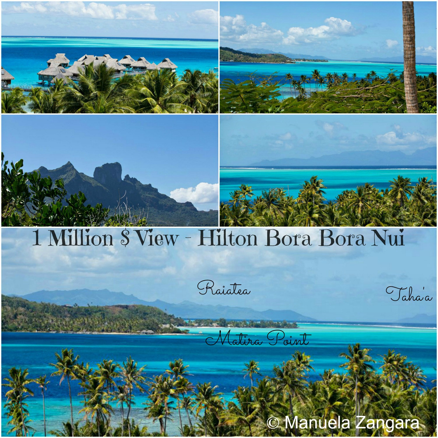 Cảnh quan hùng vĩ của núi Otemanu và bãi biển Matira từ điểm nhìn triệu đô tại Hilton Bora Bora Nui Resort &amp; Spa
