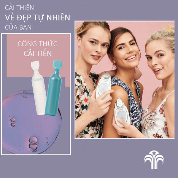 Hình ảnh bộ máy galvanic spa của Nuskin được đặt trên nền trắng, thể hiện sự sang trọng và công nghệ