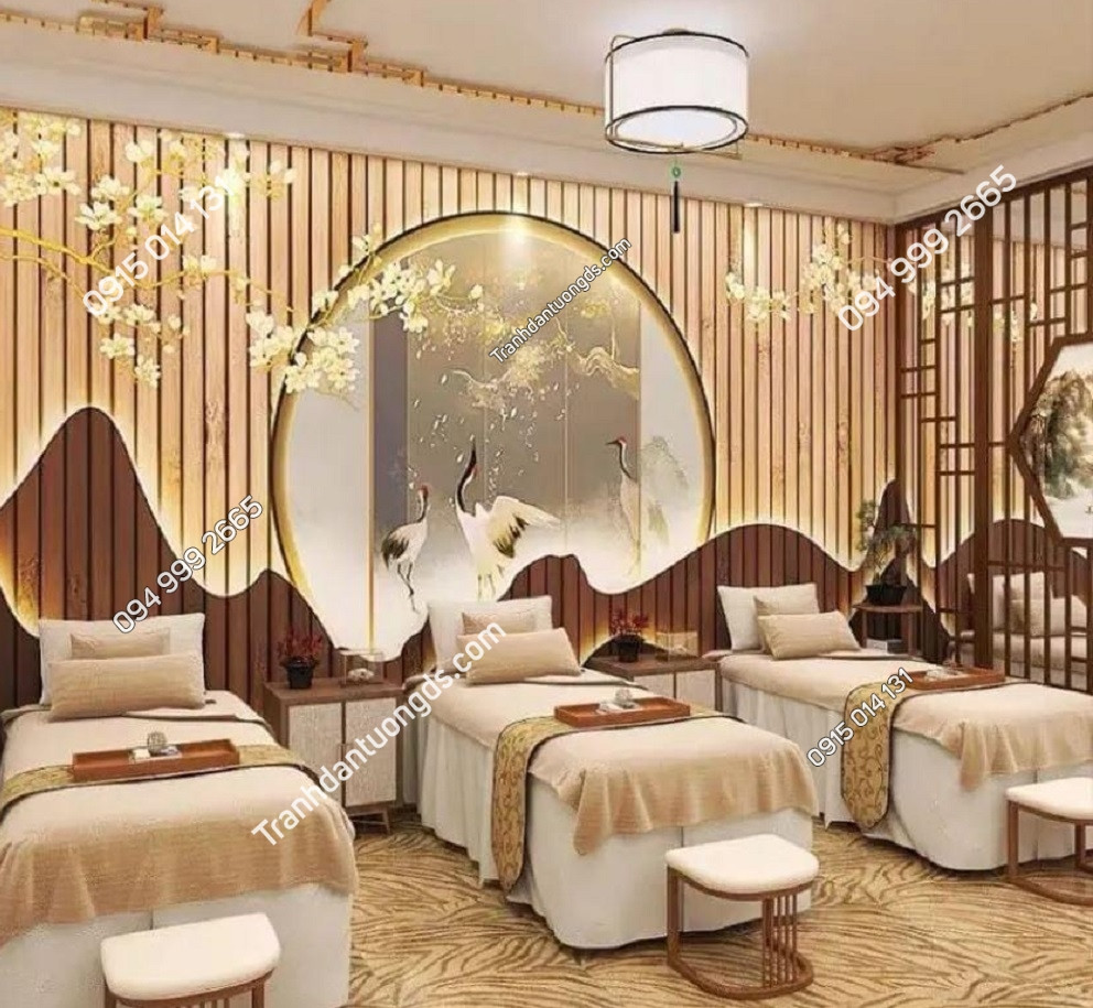 Hình ảnh một không gian spa với tranh dán tường 3D cảnh đá và nước, tạo cảm giác thư thái, gần gũi thiên nhiên.