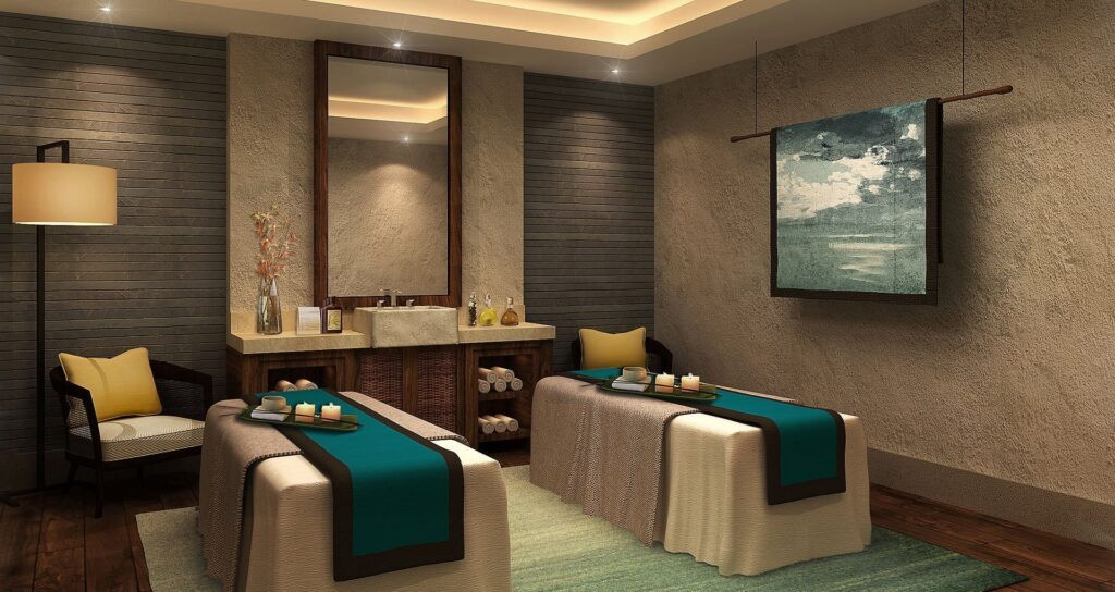 Hình ảnh một phòng thi công spa đẹp với các vật liệu tự nhiên và ánh sáng dịu nhẹ