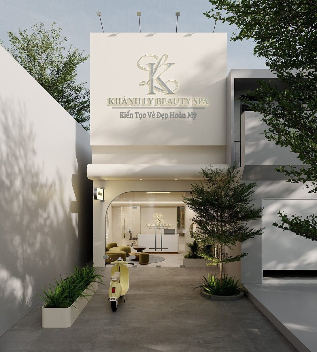 Mẫu mặt tiền spa màu trắng với biển hiệu phát sáng