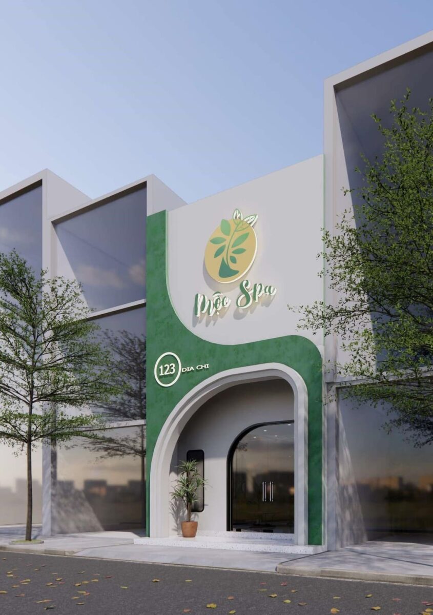 Mặt tiền spa với tường cây xanh thẳng đứng và logo nổi bật