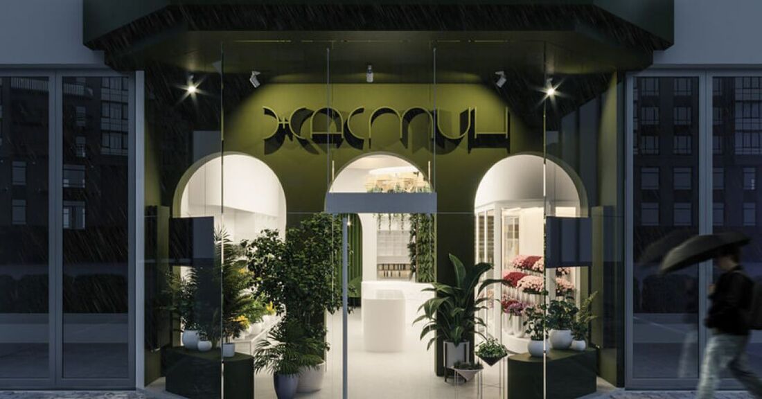 Mặt tiền spa xanh với các mảng cây cảnh và kiến trúc hiện đại