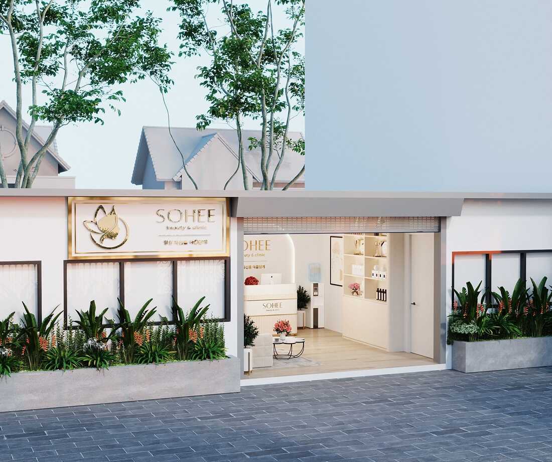 Mặt tiền spa phối hợp màu trắng và nâu đất tạo cảm giác ấm cúng