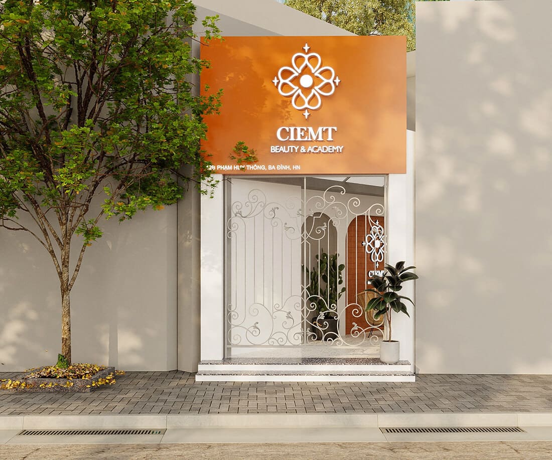 Mặt tiền spa với tông màu cam nổi bật và thiết kế hiện đại