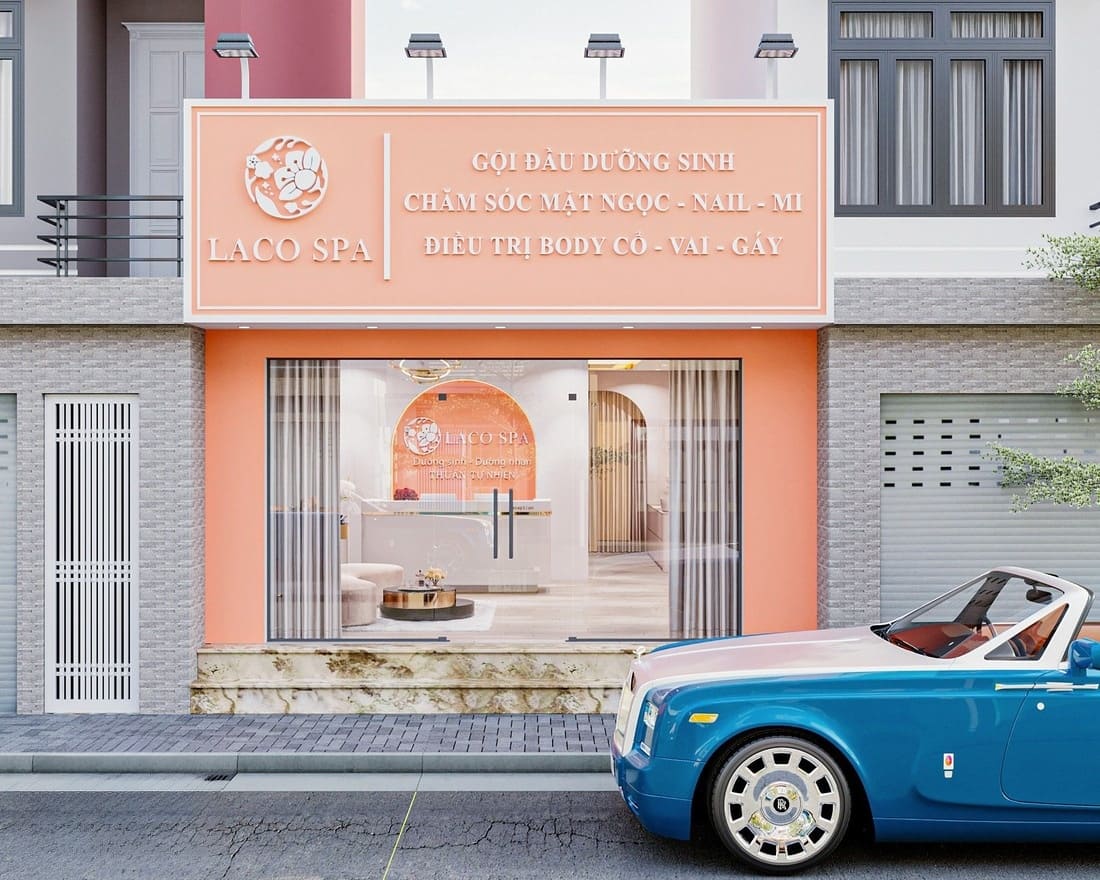 Mặt tiền spa với màu hồng pastel và các chi tiết trang trí tinh xảo