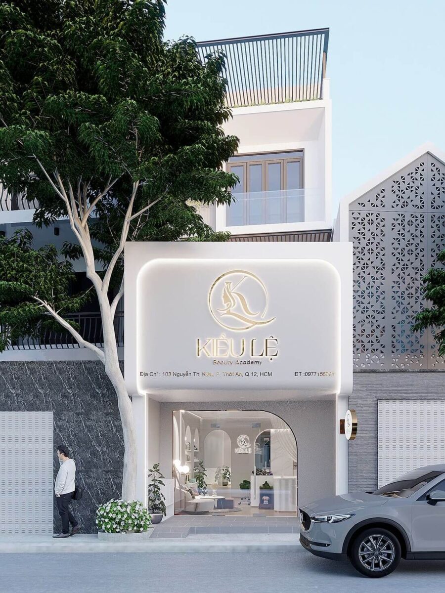 Mặt tiền spa sang trọng với kiến trúc cổ điển và màu trắng tinh tế