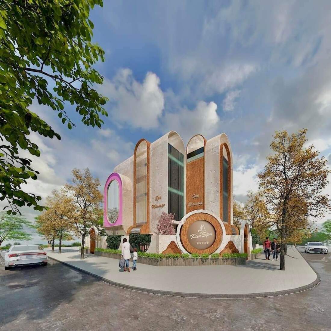 Mặt tiền spa phối hợp nhiều màu sắc tươi sáng: trắng, cam, hồng