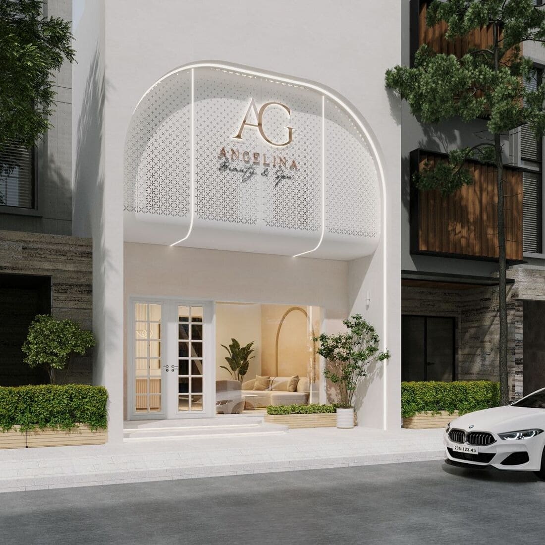 Mặt tiền spa sang trọng với cửa kính lớn và logo nổi bật