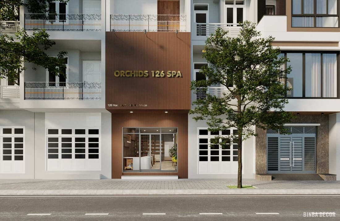 Mặt tiền spa kiểu Nhật với mái dốc và vật liệu gỗ tự nhiên