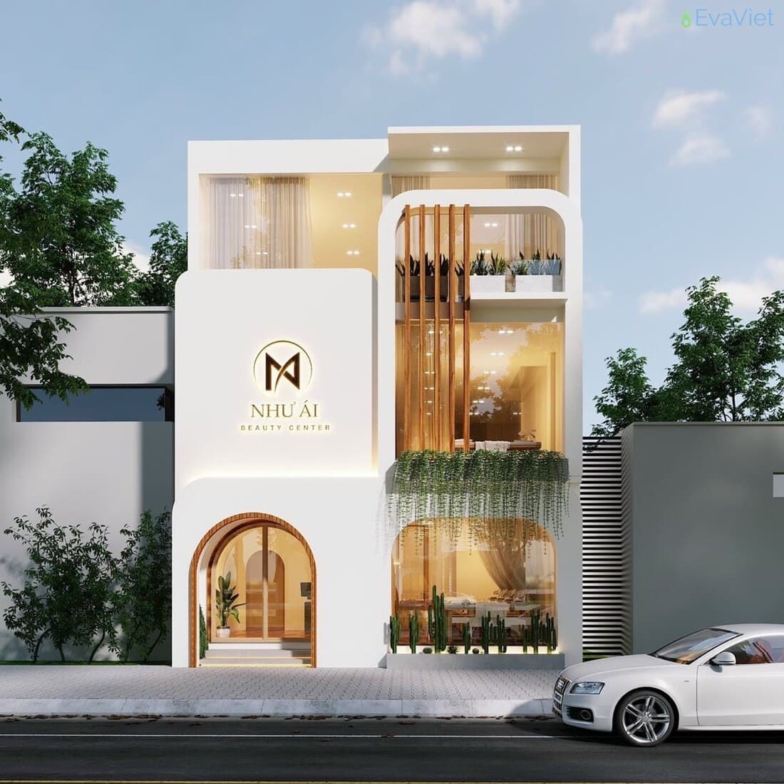 Mặt tiền spa sử dụng vật liệu Mica trong suốt và ánh sáng LED