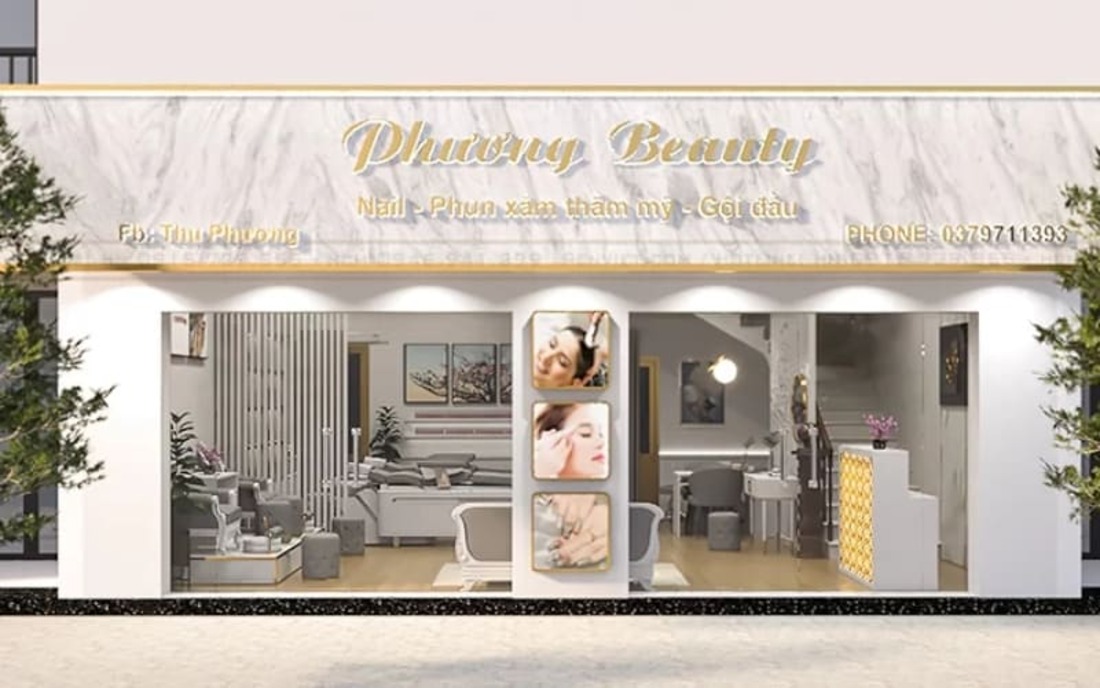 Mặt tiền spa với biển hiệu viền vàng nổi bật trên nền trắng tinh tế