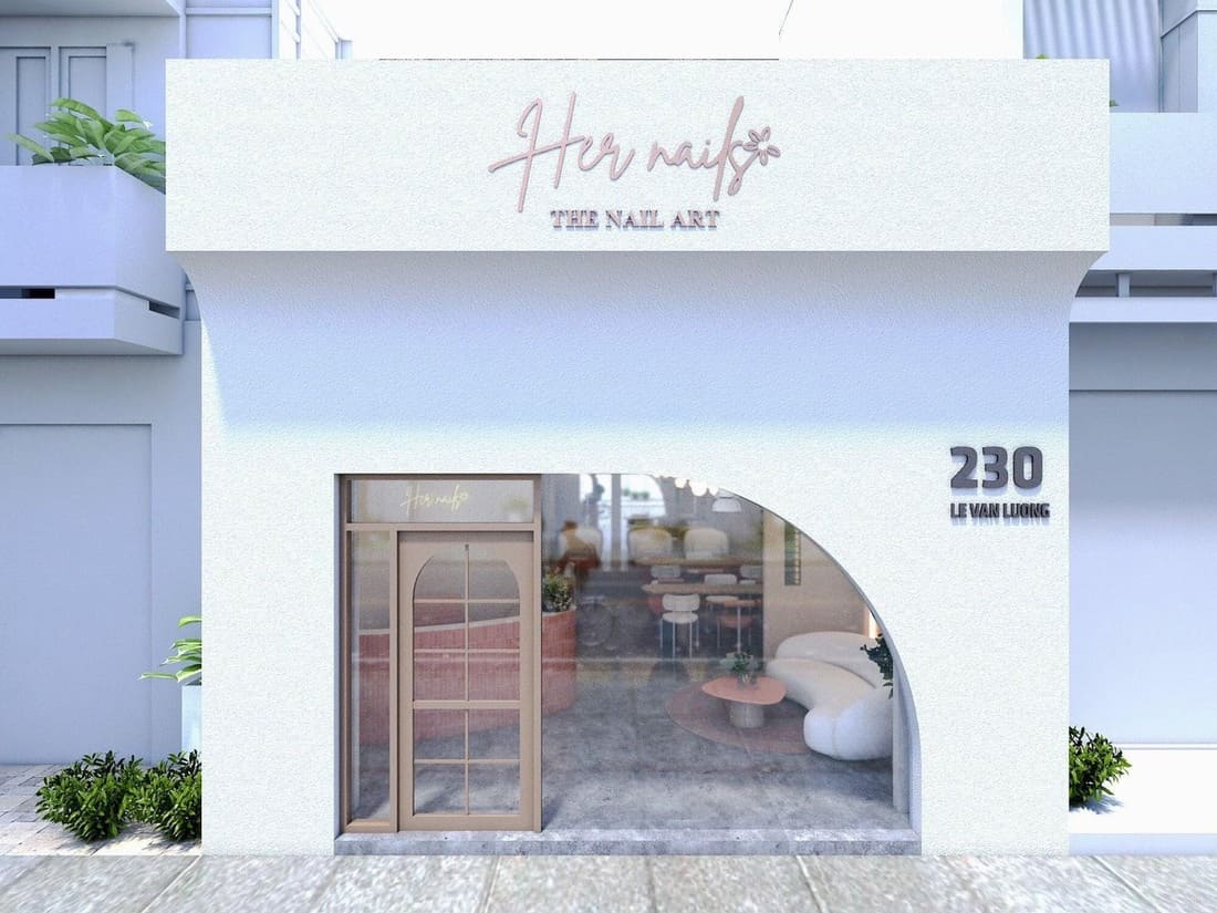 Mặt tiền spa hiện đại với cửa kính lớn và biển hiệu tinh tế