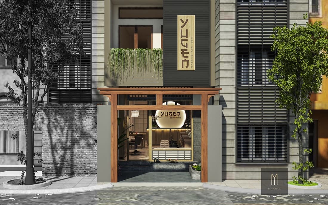 Mặt tiền spa phong cách Nhật Bản với vật liệu gỗ và kiến trúc truyền thống