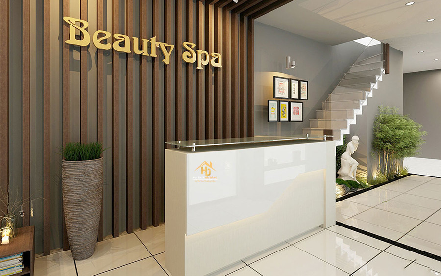 Mẫu quầy lễ tân spa chữ I với mặt kính cường lực hiện đại
