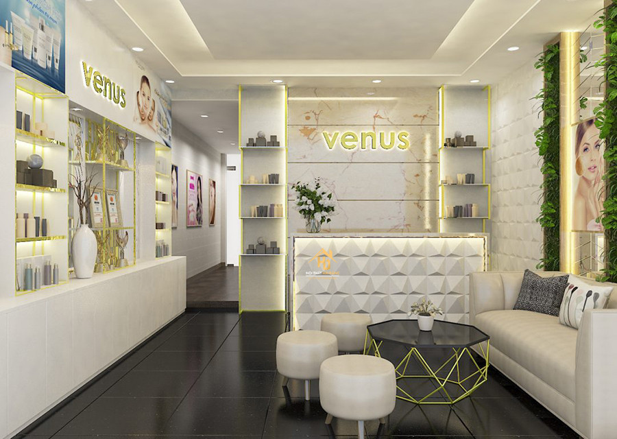 Mẫu quầy lễ tân spa kết hợp gỗ và kính cường lực độc đáo