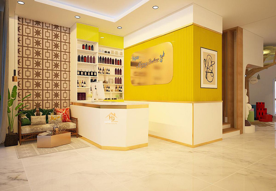 Mẫu quầy lễ tân spa mini thiết kế tối giản, màu trắng đẹp mắt