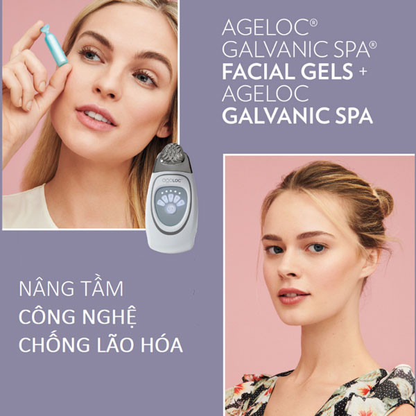 Máy galvanic spa của Nuskin được trưng bày cùng với các sản phẩm gel, cho thấy sự kết hợp hoàn hảo