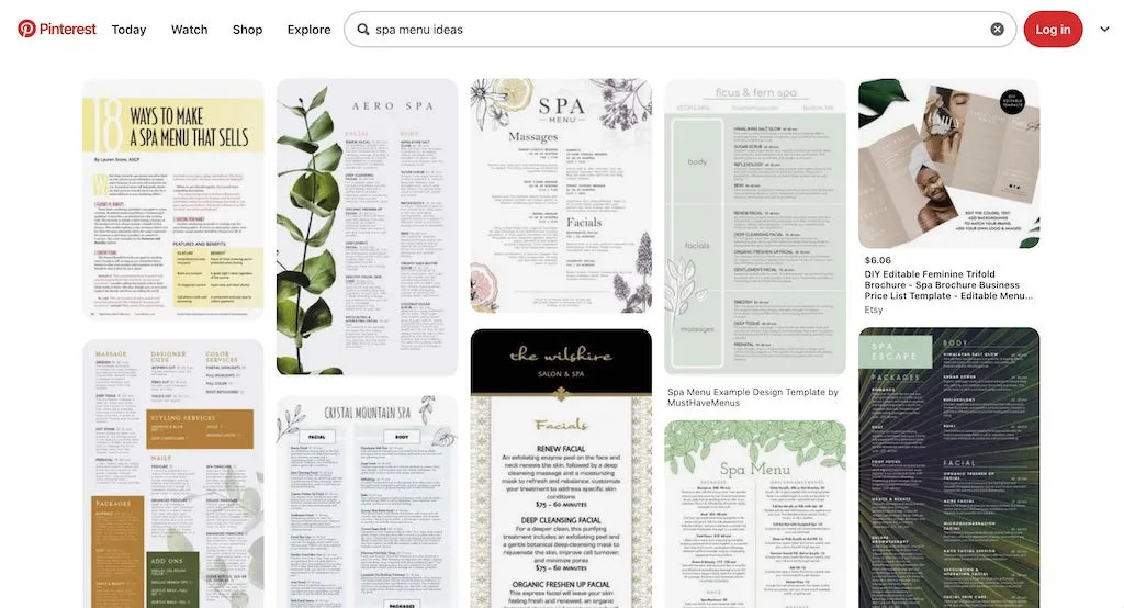 menu dịch vụ spa với các liệu trình chăm sóc da và thư giãn, minh họa ý tưởng thiết kế menu khi mở spa