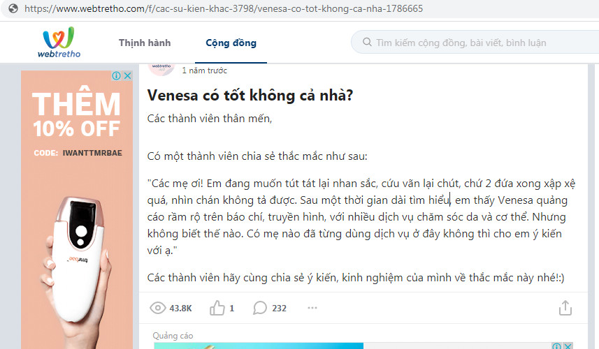 Một khách hàng chia sẻ trải nghiệm về Spa Venesa trên diễn đàn, giúp giải đáp Venesa có tốt không