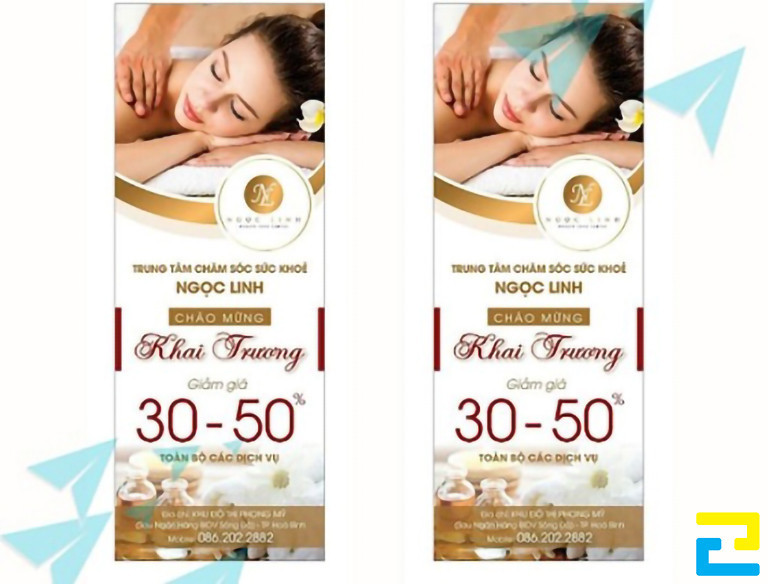 Một nhân viên đang hoàn thiện mẫu băng rôn khai trương spa, đảm bảo chất lượng in ấn và các yêu cầu kỹ thuật.