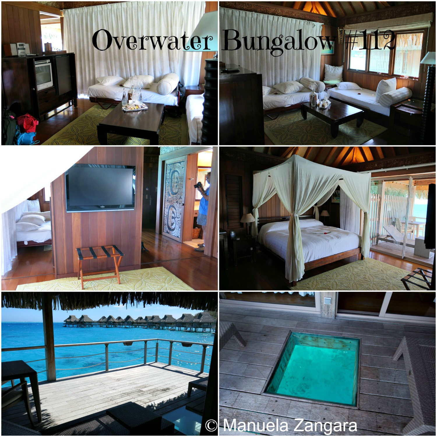 Nội thất biệt thự trên mặt nước số 112 tại Hilton Bora Bora Nui Resort &amp; Spa với giường king và sàn kính